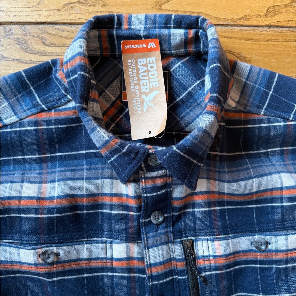 Eddie Bauer Heavyweight Plaid Flannel Jacket – Blue/Orange – Button Down